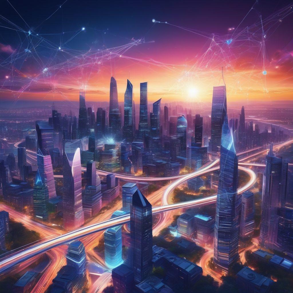 A digital landscape featuring interconnected nodes representing links, illustrated as glowing connections across a futuristic cityscape. Include vibrant symbols of SEO and analytics, like upward arrows and search magnifying glasses, integrated into the network. The background should showcase a dynamic skyline blending technology and nature, suggesting innovation and growth. Futuristic, vibrant colors. 3D.