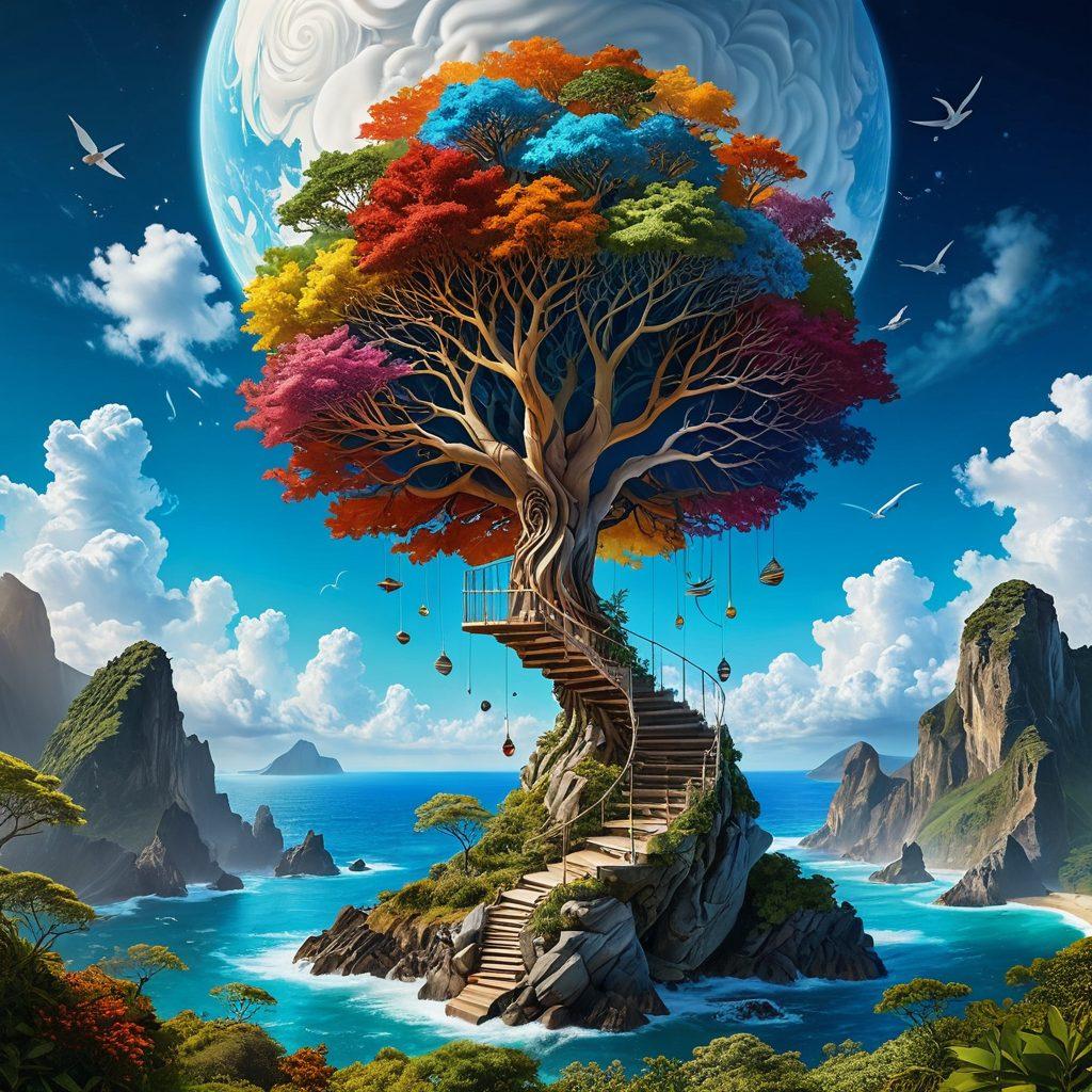 A captivating digital landscape featuring an upward spiral of glowing hyperlinks connecting various islands of engaging blog content. Each island represents different themes of blogging, adorned with vibrant icons symbolizing creativity, knowledge, and connection. A bright blue sky with soft, fluffy clouds enhances the sense of elevation and aspiration. A person stands confidently at the base of the spiral, looking up with determination. super-realistic. vibrant colors. 3D.